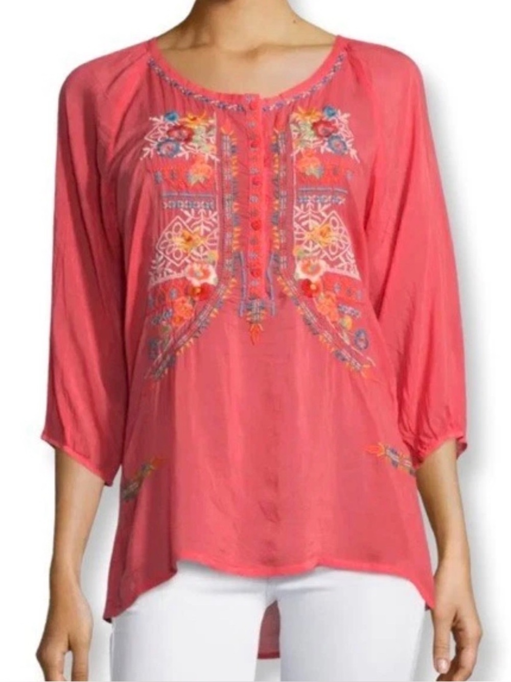 Johnny Was Floral Embroidered Peasant Tunic Blouse Medium